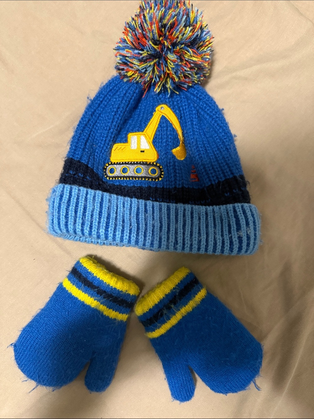 12-18 months Blue Kids Pom-Pom Beanie & Mittens Set with Yellow Excavator